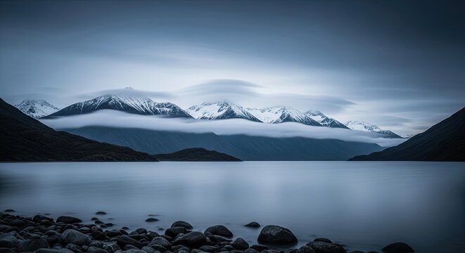 Majestic snow-covered mountain range shrouded in low clouds over a tranquil, glassy lake with a pebble shore, captured with a long exposure for a serene, moody effect - Powered by Adobe
