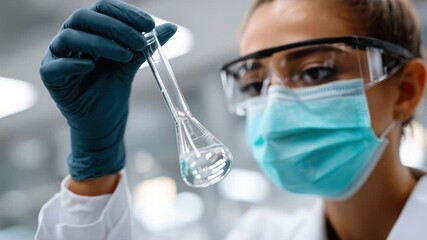 female scientist holding flask in lab, smiling through protective goggles while examining vibrant blue solution; close-up portrait shows gloved hand, white - Powered by Adobe