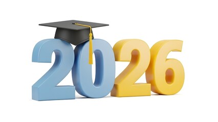 Class of 2026: 3D Graduation Cap on Year Numbers Isolated on White