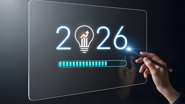 Modern 2026 Technology Interface: Progress Loading Bar and Bright Idea Graphic - Powered by Adobe