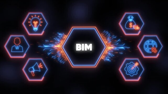 Digital network with BIM in center and business icons in hexagons technology - Powered by Adobe