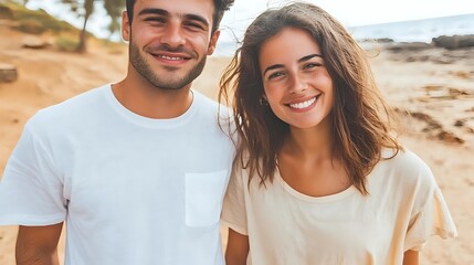 Young couple smiling on beach at sunset, wearing casual t-shirts with natural hairstyles, perfect for lifestyle, relationship, and summer vacation content.