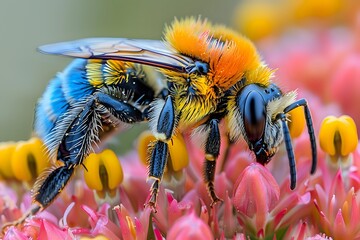 Vibrant blue and orange bee collecting pollen from pink flower in extreme close-up macro photography, showcasing detailed insect anatomy and pollination process.