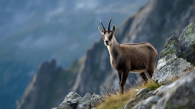 Wild chamois goat with horns standing on rocky mountain ledge against dramatic alpine landscape backdrop, perfect for wildlife conservation campaigns. - Powered by Adobe
