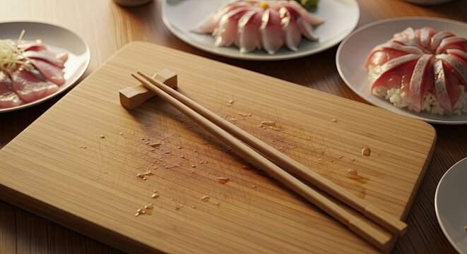 Elegant Asian dining scene with chopsticks on a bamboo cutting board, with gourmet sashimi and sushi dishes served on plates in a softly lit, authentic culinary setting