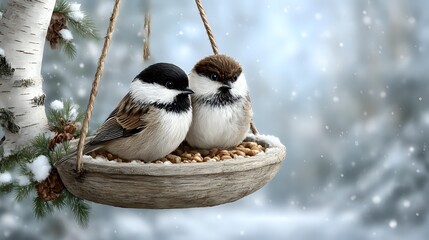 Fototapeta premium Two chickadees perched together on hanging bird feeder with seeds during winter snowfall, pine branches visible against blurred snowy background.
