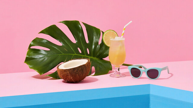 Tropical drink with coconut and leaf