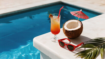 Poolside drinks with coconut and umbrella