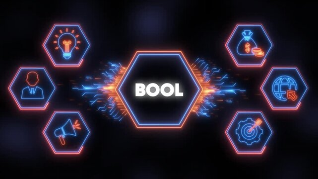 Digital network with BOL in center and business icons in hexagons BOOL technology - Powered by Adobe