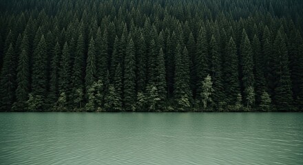 A serene and moody landscape featuring a dense, dark green pine forest lining the tranquil, turquoise waters of a remote mountain lake on an overcast day