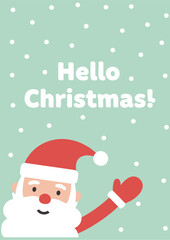 Cute Cartoon Santa Claus waving hello against mint green snowing background holiday greeting card design