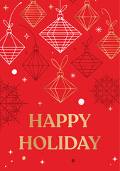 Happy Holiday greeting card background with modern geometric Christmas ornaments stars and snowflakes on vibrant red festive design