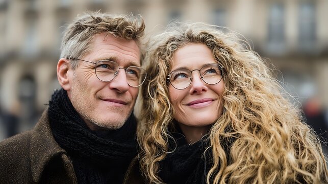 Mature couple with glasses and winter scarves smiling at each other against blurred urban background, conveying warmth and connection in cold weather. - Powered by Adobe