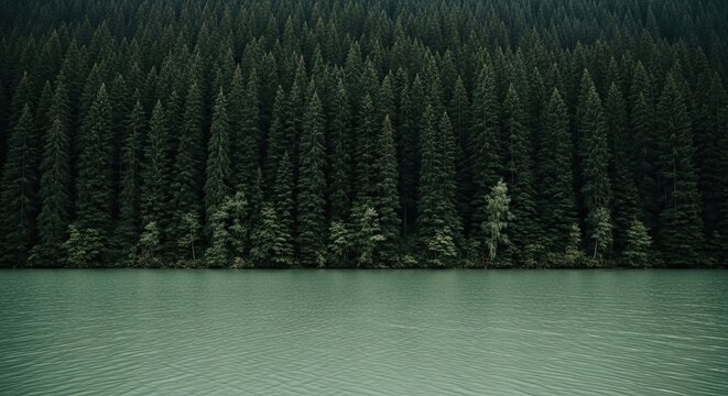 A serene and moody landscape featuring a dense, dark green pine forest lining the tranquil, turquoise waters of a remote mountain lake on an overcast day