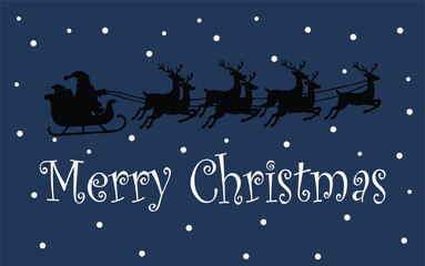 Santa Claus silhouette sleigh pulled by reindeer flying in snowy dark blue night sky with Merry Christmas greeting