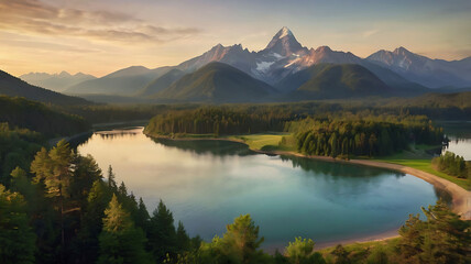 Mountain Sunrise Landscape with Serene Lakes and Valleys.