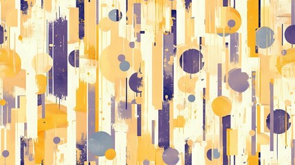 Abstract geometric pattern with yellow and purple vertical stripes and circles on light background, creating modern artistic composition.