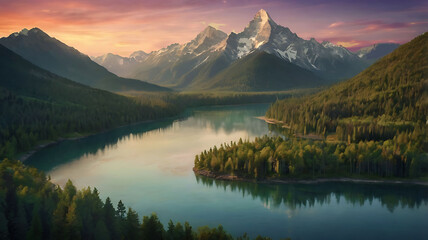 Mountain Sunrise Landscape with Serene Lakes and Valleys.