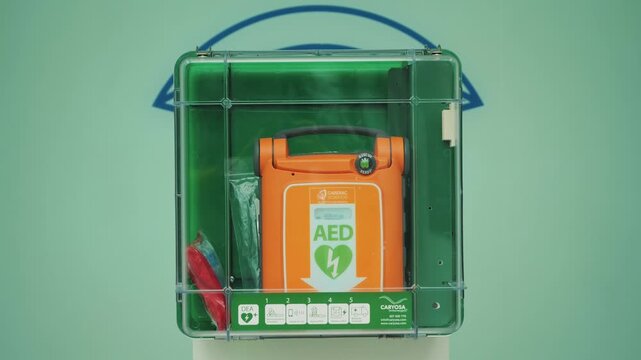 Automated external defibrillator (AED) box at the station, public place. High quality 4k footage