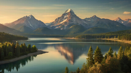 Mountain Sunrise Landscape with Serene Lakes and Valleys.