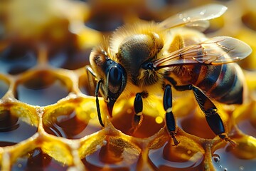 Honey bee worker collecting nectar on honeycomb cells in beehive, macro close-up showing detailed insect anatomy and natural honey production process.