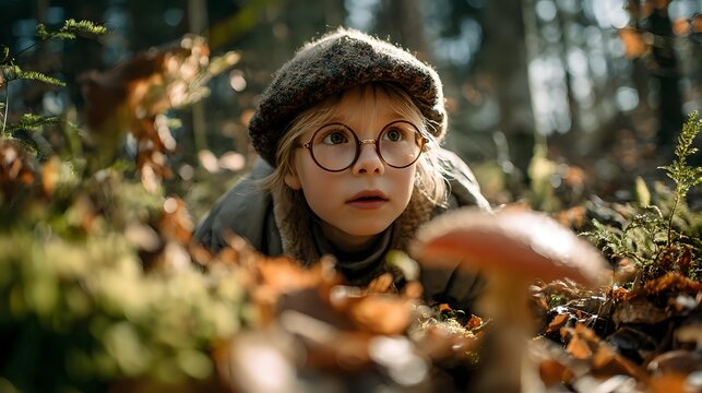 Curious child with round glasses and beret exploring autumn forest floor, discovering nature among fallen leaves and mushrooms.