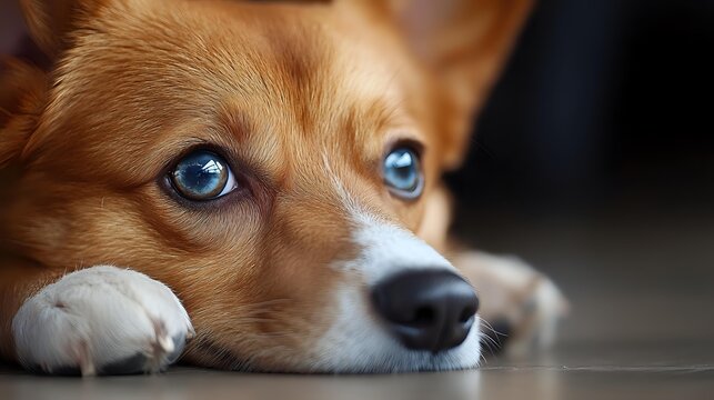 Close-up portrait of a pensive corgi dog with bright blue eyes and ginger fur resting on floor, creating emotional pet photography moment.