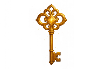 Golden ornate key unlocking success, opportunity, and new beginnings. Transparent background