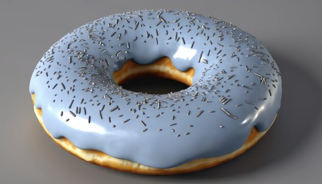 A close-up studio shot of a delicious donut with blue icing and sprinkles on a gray background