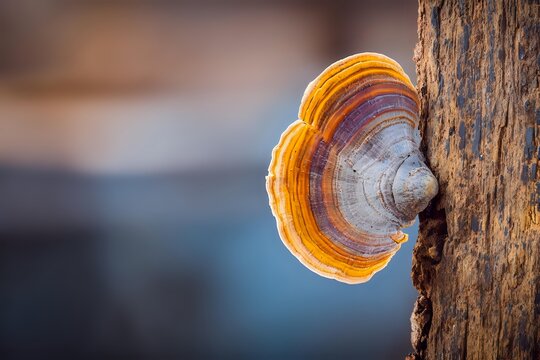 Colorful bracket fungus growing on tree trunk with vibrant orange and purple rings against blurred natural background.