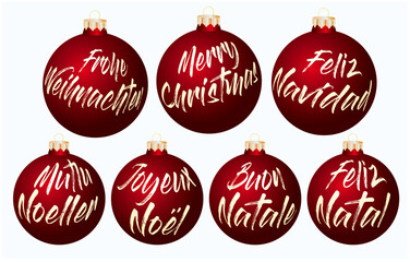 vector illustration of Christmas balls with text in seven languages. Merry Christmas in  English, French, German, Spanish, Portuguese, Italian and Turkish
