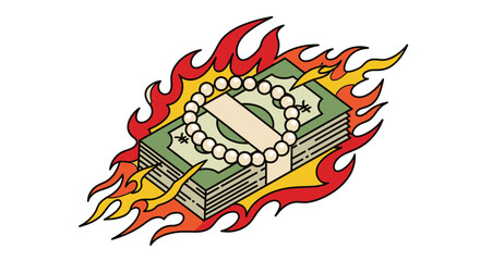 Stylized money illustration symbolizing financial risk and extravagance with flame effects and