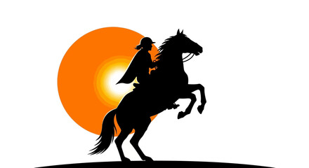 Silhouette of a rider and horse against a vibrant setting sun offers a symbolic image