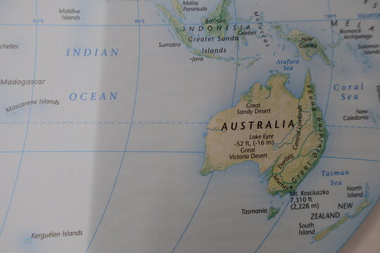 Australia and Southeast Asia Physical Map: Geography of Oceania, Indonesia and Indian Ocean. Topographic Atlas Background Showing Great Sandy Desert, New Zealand and Coral Sea