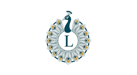 Elegant peacock logo design with letter L incorporating detailed feather pattern