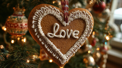 Heart-shaped gingerbread ornament brightens the Christmas tree