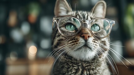 Intellectual tabby cat with blue eyes wearing transparent glasses, looking upward with curious expression against blurred bokeh background.