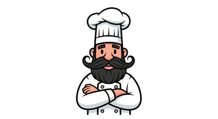 Cartoon chef with beard and mustache in uniform standing confidently looking forward