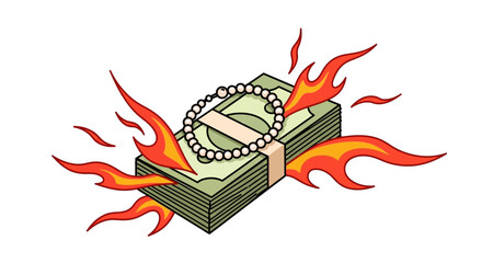 Burning money with childlike jewelry, illustrating risky investments and financial loss