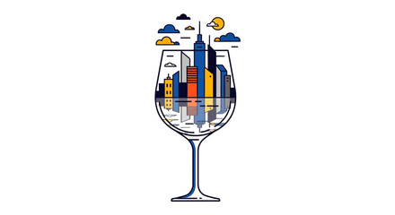 Abstract cityscape artfully displayed within a wine glass on a clean white background