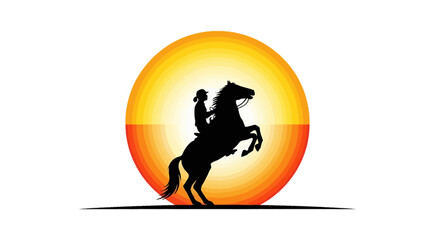 Silhouette of a equestrian rider raising up on horseback against yellow circle background