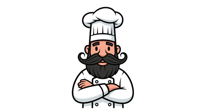 Cartoon chef with beard and mustache in uniform standing confidently looking forward