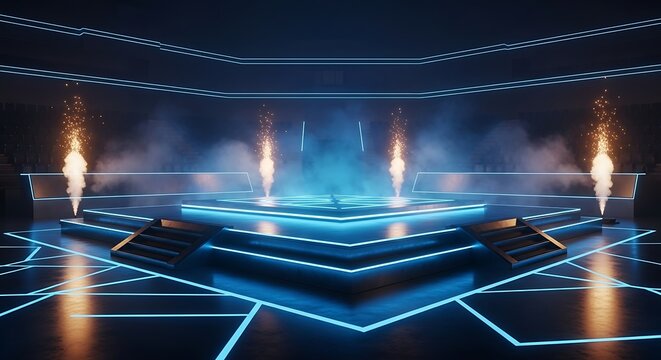 Futuristic stage with glowing blue neon lights, smoke, and fiery effects, ready for a high-tech event or performance.