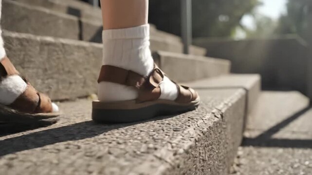 Person wearing sandals and socks walking up rough concrete stairs