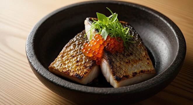 Gourmet grilled fish fillets with crispy skin, elegantly garnished with red caviar and fresh microgreens, served in a rustic black bowl on a wooden table