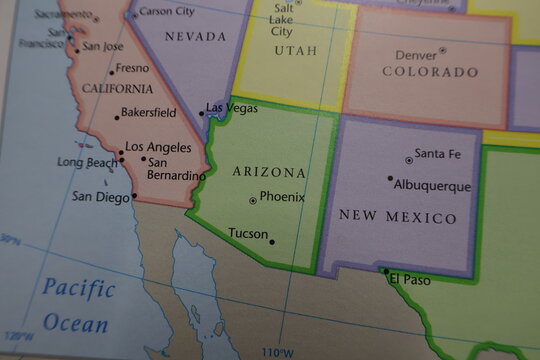 California and Southwest USA Map: Arizona, New Mexico and Nevada Borders. Geography of Pacific Coast and Mexican Border Region on Educational Paper Atlas