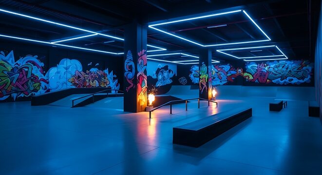 An indoor skatepark illuminated by vibrant blue neon lights, featuring colorful graffiti art on the walls and various ramps and benches.