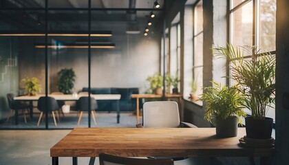 Bright and Modern Office Interior with Wooden Table, Plants, and Glass-Walled Meeting Room