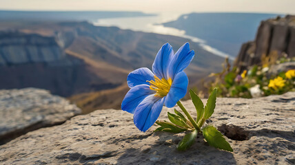 Delicate Blue Flower on Cliff Edge Facing the Endless Horizon.