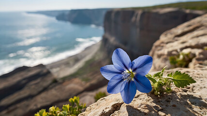 Delicate Blue Flower on Cliff Edge Facing the Endless Horizon.